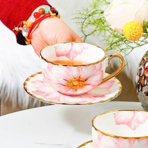 طقم فناجين قهوة مرسم وردة زهري مع استكانات 6 + 6