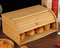 حافظة خبز خشب بامبو مع رف شكل كوخ سادة