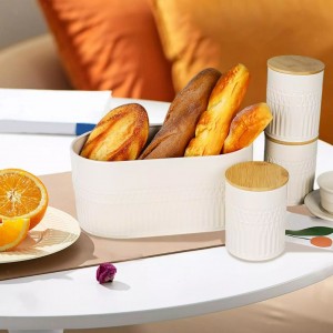 حافظة خبز بيضاوي مع سكريات مدور عدد 3 محزز مع غطاء محكم بامبو