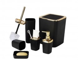 طقم حمام بلاستيك محزز سادة 6 قطع مع غطا مذهب