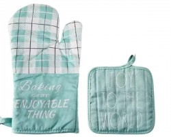 طقم كف ساخن مع مسكة نزالة قماش مربعة كروهات ملون مع كتابة Baking قطعتين