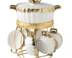 طقم صحون شوربة 7 قطع بورسلان ابيض مع ستاند ذهبي 211041W
