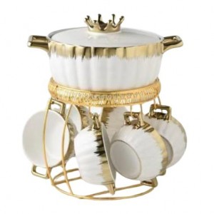 طقم صحون شوربة 7 قطع بورسلان ابيض مع ستاند ذهبي 211041W