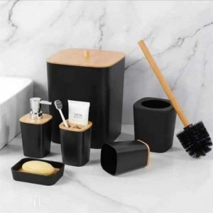 طقم حمام بلاستيك 6 قطع مع غطاء خشب بامبو اسود طقم حمام بلاستيك 6 قطع مع غطاء خشب بامبو اسود