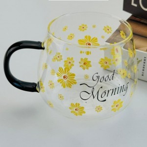 كاسة ماغ اسطواني جود مورننج مرسم وردة اصفر يد اسود AF071-2A