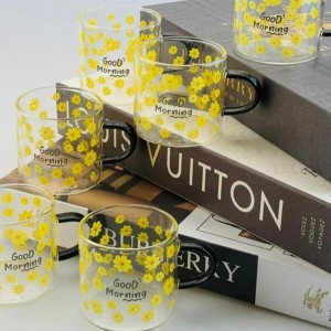 طقم فناجين اسطواني جود مورننج يد اسود مرسم وردة اصفر 6 قطع AF071-2C