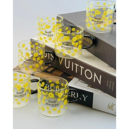 طقم فناجين اسطواني جود مورننج يد اسود مرسم وردة اصفر 6 قطع AF071-2C