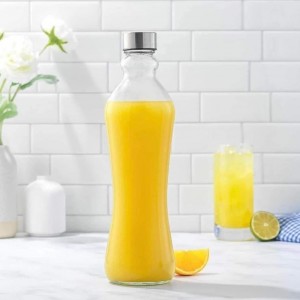 قنينة ماء زجاج مموج مع غطا فضية بسعة 1 لتر، بقياس 25 × 9