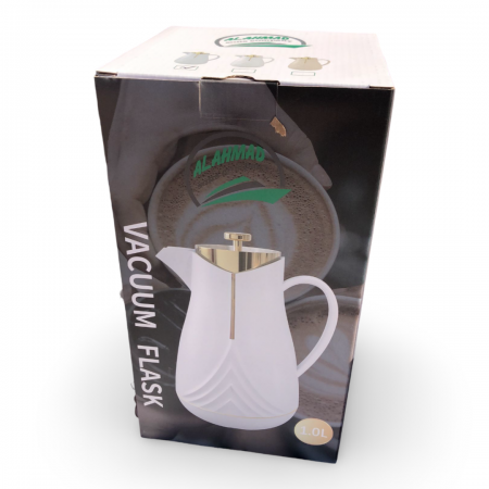 ثيرموس ساخن - بارد عظم ابيض مع غطاء ذهبي يد كبيرة نصف قلب اسهم للاعلى من اسفل الثيرموس