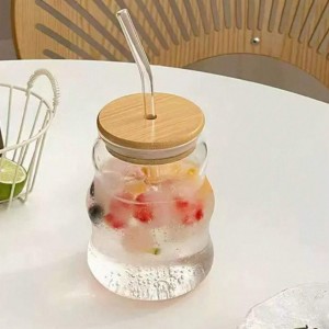 كاسة ماغ شفاف متعرج غطاء مدور بامبو خشب مع مصاصة 380 مل