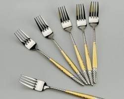 طقم شوك طعام كبير ستانلس ثقيل مشجر ذهبي 6 قطع