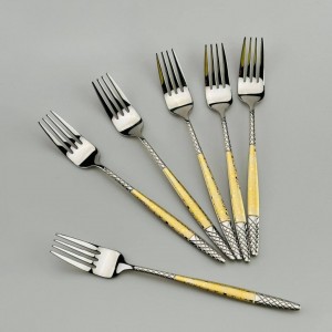 طقم شوك طعام كبير ستانلس ثقيل مشجر ذهبي 6 قطع