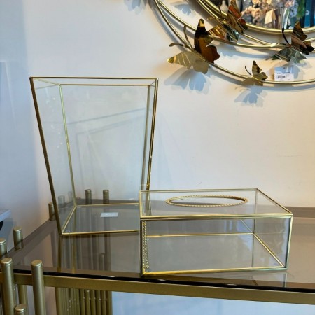 طقم سله مهملات مع علبة محارم زجاج شفاف حيف ذهبي