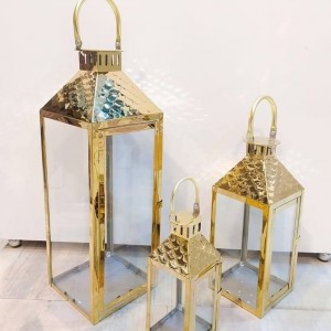 طقم فانوس زجاج اطار معدن ذهبي قبة مزخرف مربع 3 قطع AF049-3A 