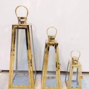 طقم فانوس زجاج اطار معدن ذهبي هرمي مربع 3 قطع AF049-2A 