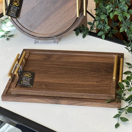 طقم صواني خشب مستطيل مع يد ذهبي مستطيل قطعتين