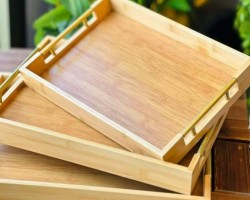 طقم صواني خشب مستطيل مع يد معدن ذهبي 3 قطع