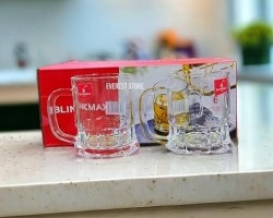 طقم ماج  زجاج  / كاسة شاي نسكافيه 6 قطع شفاف ملس قاعدة مضلع يد مستطيل BLINKMAX KTBZ119