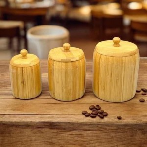 طقم سكريات خشب بامبو مع غطا 3 قطع