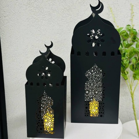 طقم فوانيس رمضان معدن مع حمالة قطعتين لون اسود - ذهبي طقم فوانيس رمضان معدن مع حمالة قطعتين لون اسود - ذهبي