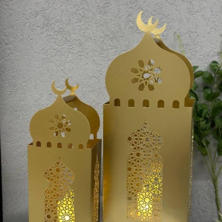 طقم فوانيس رمضان معدن مع حمالة قطعتين لون اسود - ذهبي طقم فوانيس رمضان معدن مع حمالة قطعتين لون اسود - ذهبي
