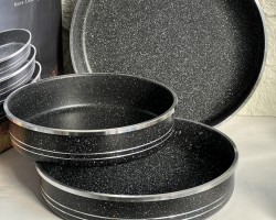 طقم صواني جرانيت ثقيل حفة فضي حزين فضي 3 قطع مقاسات 30-34-38 سم