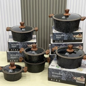 طقم طناجر الدبابة ثقيل جرانيت اسود مع غطاء زجاج وايدي خشبية 20-22-24-26-28-30