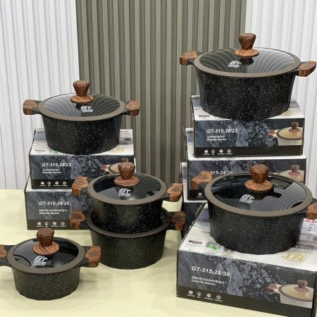 طقم طناجر الدبابة ثقيل جرانيت اسود مع غطاء زجاج وايدي خشبية 20-22-24-26-28-30