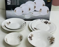 طقم صحون بورسلان 42 قطعة بورسلان ابيض مرسم وردة بيج بني