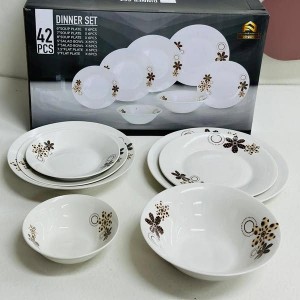 طقم صحون بورسلان 42 قطعة بورسلان ابيض مرسم وردة بيج بني