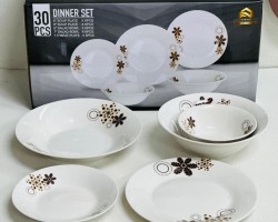 طقم صحون بورسلان 30 قطعة بورسلان ابيض مرسم وردة بيج بني