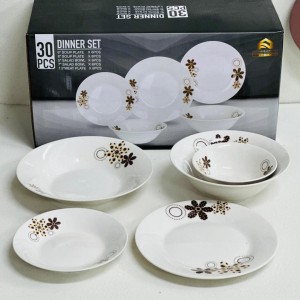 طقم صحون بورسلان 30 قطعة بورسلان ابيض مرسم وردة بيج بني