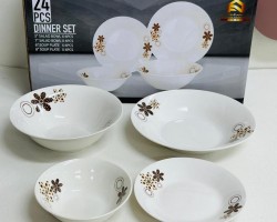 طقم صحون بورسلان 24 قطعة بورسلان ابيض مرسم وردة بيج بني