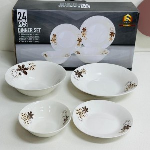 طقم صحون بورسلان 24 قطعة بورسلان ابيض مرسم وردة بيج بني