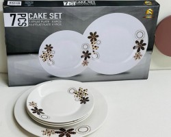 طقم صحون بورسلان كيك 7 قطعة بورسلان ابيض مرسم وردة بيج بني