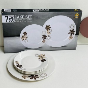 طقم صحون بورسلان كيك 7 قطعة بورسلان ابيض مرسم وردة بيج بني