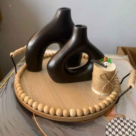 صينية خشب مدور مع حمالات معدن اسود واطار كرات صغيرة لولو 35 سم صينية خشب مدور مع حمالات معدن اسود واطار كرات صغيرة لولو 35 سم