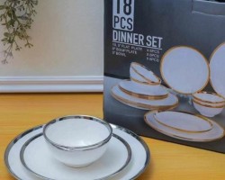 طقم صحون بورسلان ابيض 18 قطعة مع حيف فضي