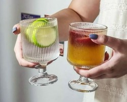 طقم كاسات عصير محزز مع قاعدة وخصر 12 قطعة