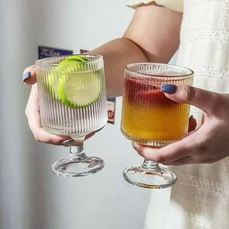 طقم كاسات عصير محزز مع قاعدة وخصر 12 قطعة