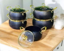 طقم طناجر 10 قطع قدرة يد ذهبي مع غطاء زجاج ومسكه ذهبي اسود / ذهبي / بيج DWD 10PCS FANCY SET