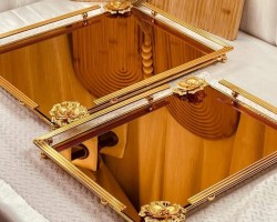 طقم صواني / صينية تفضيل مستطيل وردة نافر مذهب بيوتر ارضية مرآة
