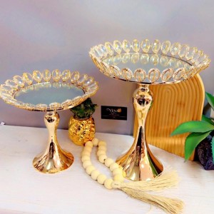 طقم صينية تقديم / تفضيل / جاط فواكه مدور حيف كريستال مع رجل ذهبي