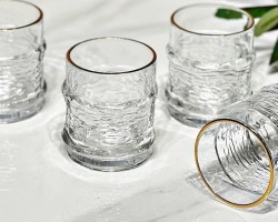 طقم كاسات عصير زجاج قاع مبزر نافر مع حيف ذهبي ١٢ كاسة KX2243 B 