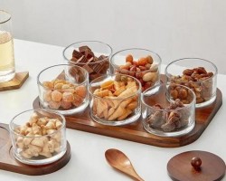 مضيفة / حافظة مكسرات / بهارات / كاندي خشب بامبو بني هندي 6 علب زجاج غطا خشبي مضيفة / حافظة مكسرات / بهارات / كاندي خشب بامبو بني هندي 6 علب زجاج غطا خشبي