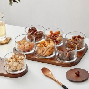 مضيفة / حافظة مكسرات / بهارات / كاندي خشب بامبو بني هندي  6 علب زجاج غطا خشبي