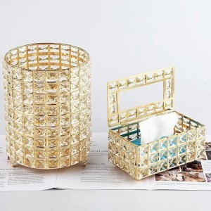 طقم سلة مهملات معدن مع سترص مربعات ذهبي مع علبة محارم سترص مربعات مذهب قطعتين