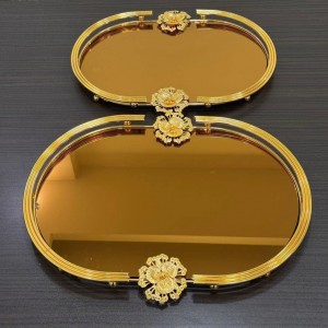 طقم صواني / صينية تفضيل بيضاوي وردة نافر مذهب بيوتر ارضية مرآة قطعتين