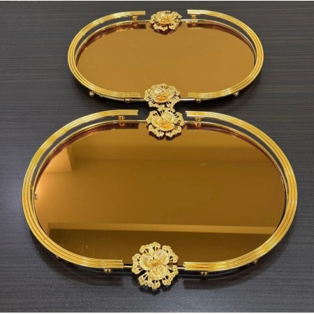 طقم صواني / صينية تفضيل بيضاوي وردة نافر مذهب بيوتر ارضية مرآة قطعتين طقم صواني / صينية تفضيل بيضاوي وردة نافر مذهب بيوتر ارضية مرآة قطعتين