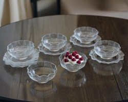 طقم صحون مكسرات 12 قطعة صحون فواكه زجاج شفاف مدور مشرف محزز مع استكانات 6+6 قطعة